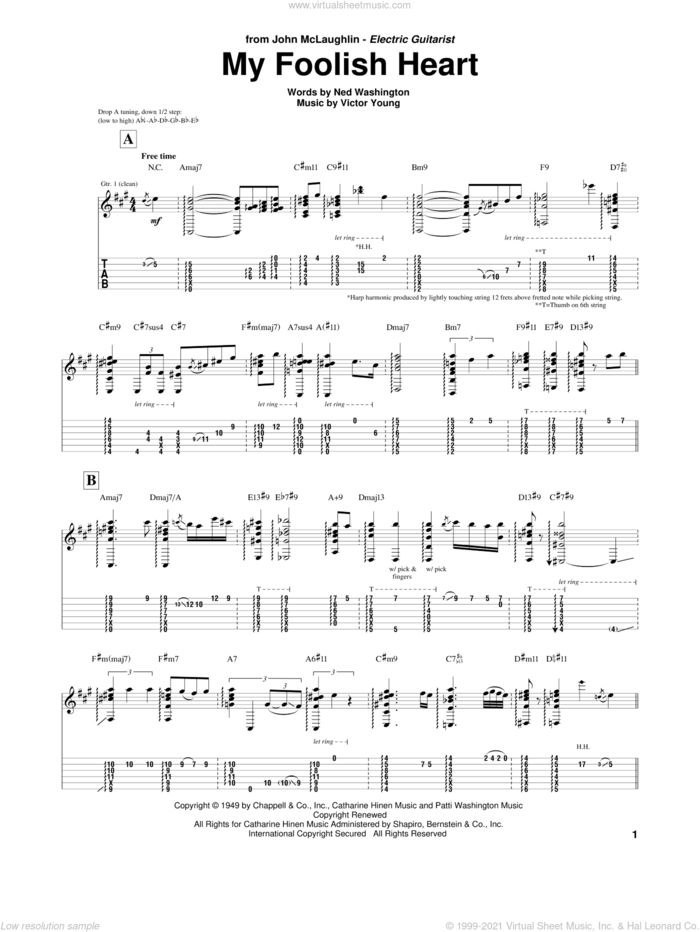 My Foolish Heart sheet music for guitar (tablature) by John McLaughlin, Demensions, Ned Washington and Victor Young, intermediate skill level