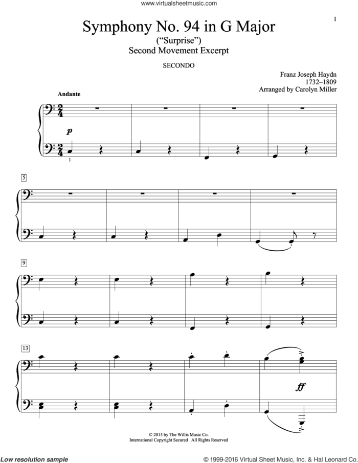 Symphony No. 94 (Surprise), 2nd Mvmt. Excerpt (arr. Carolyn Miller) sheet music for piano four hands by Franz Joseph Haydn and Carolyn Miller, classical score, intermediate skill level