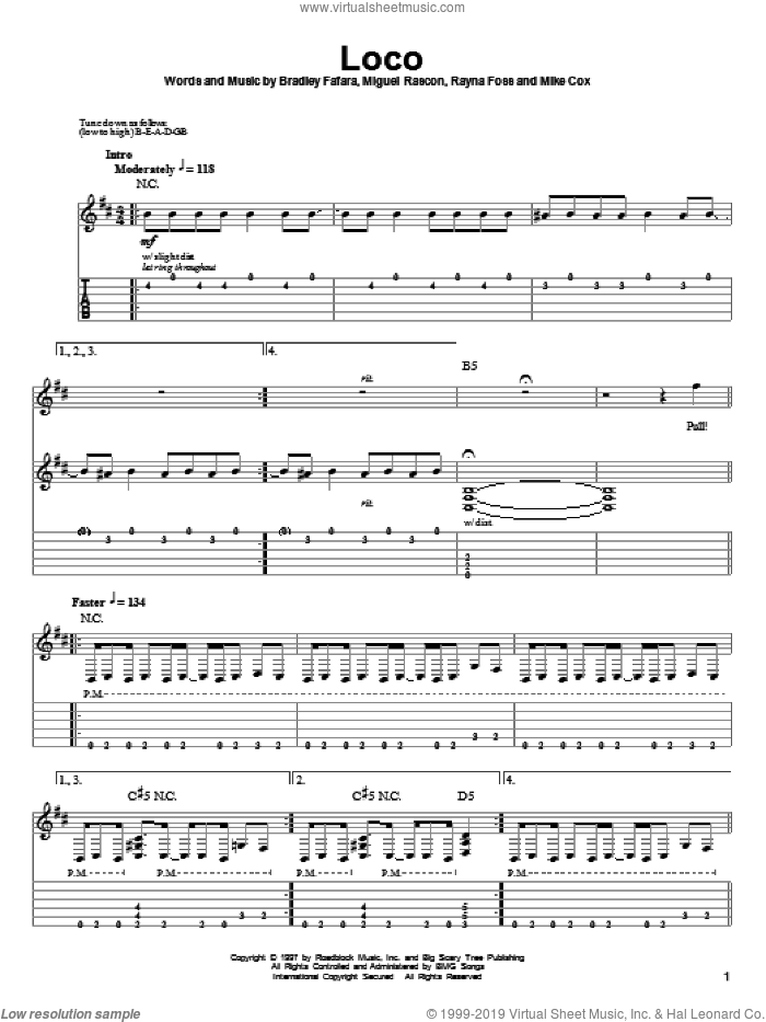 Loco sheet music for guitar (tablature, play-along) by Coal Chamber, Bradley Fafara, Miguel Rascon, Mike Cox and Rayna Foss, intermediate skill level