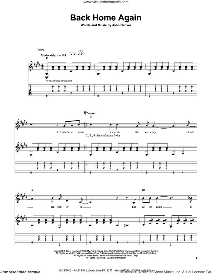 Back Home Again sheet music for guitar (tablature, play-along) by John Denver, intermediate skill level