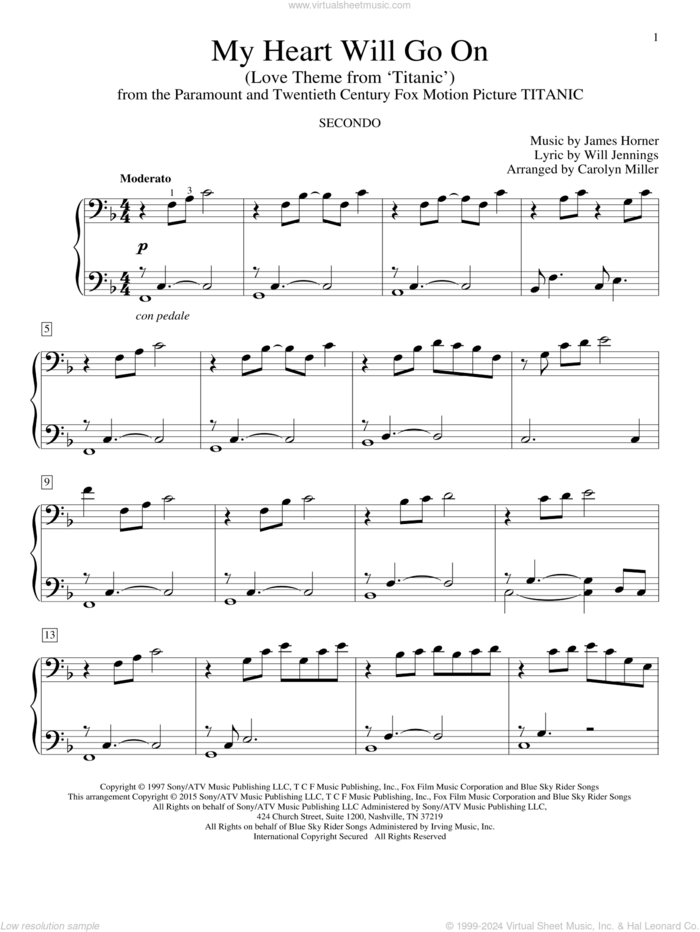 My Heart Will Go On (Love Theme From Titanic) sheet music for piano four hands by Carolyn Miller and Celine Dion, wedding score, intermediate skill level