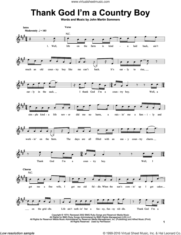 Thank God I'm A Country Boy sheet music for guitar (tablature, play-along) by John Denver and John Martin Sommers, intermediate skill level