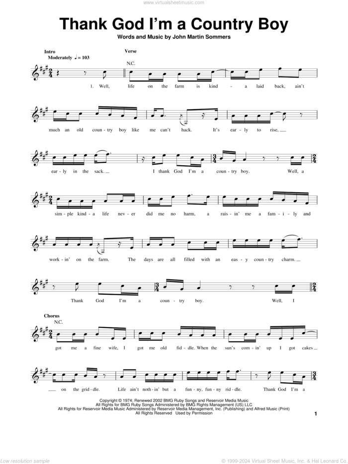 Thank God I'm A Country Boy sheet music for guitar (tablature, play-along) by John Denver and John Martin Sommers, intermediate skill level