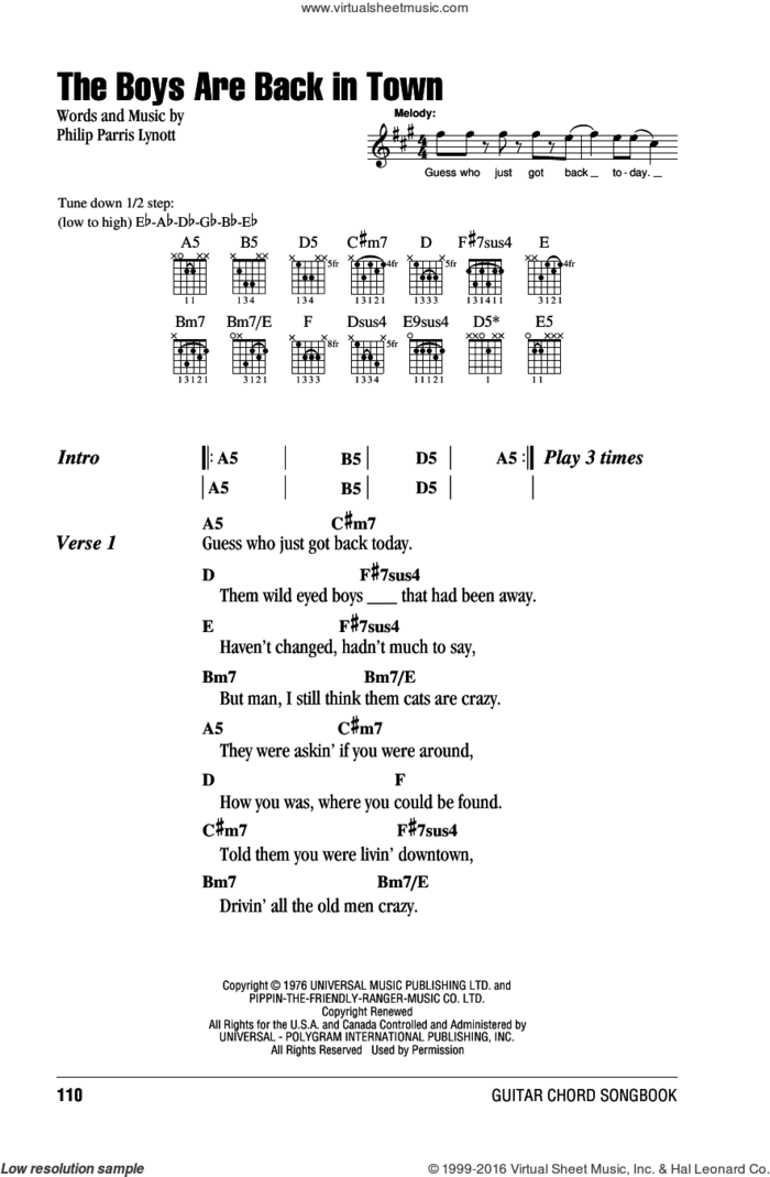 The Boys Are Back In Town sheet music for guitar (chords) by Thin Lizzy and Phil Lynott, intermediate skill level