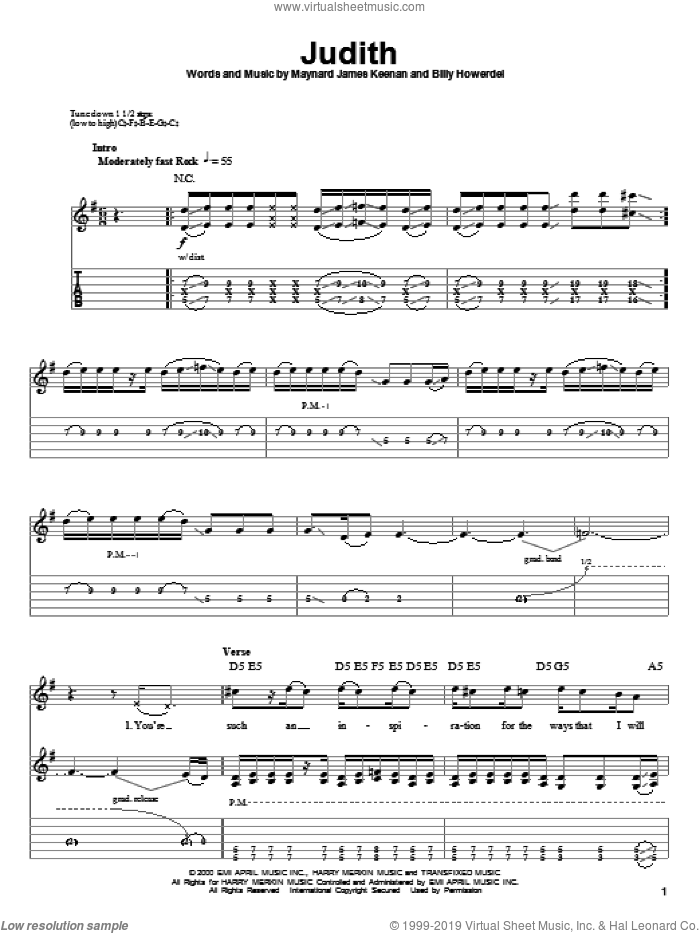 Judith sheet music for guitar (tablature, play-along) by A Perfect Circle, Billy Howerdel and Maynard James Keenan, intermediate skill level