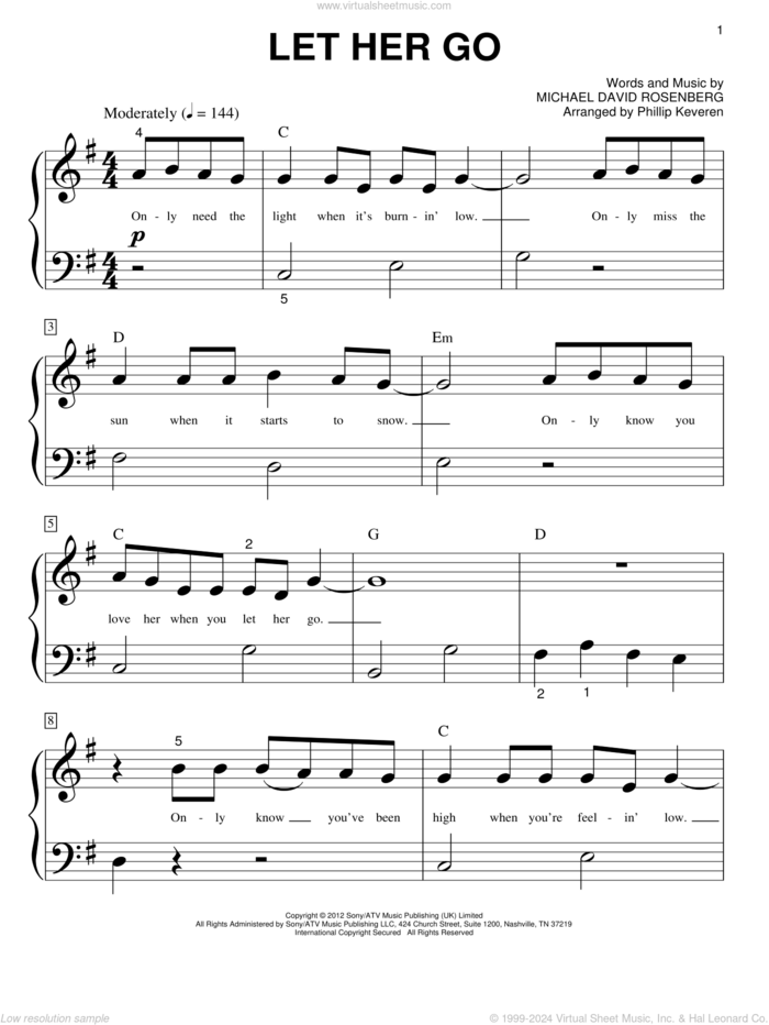 Keveren - Let Her Go sheet music for piano solo (big note book)