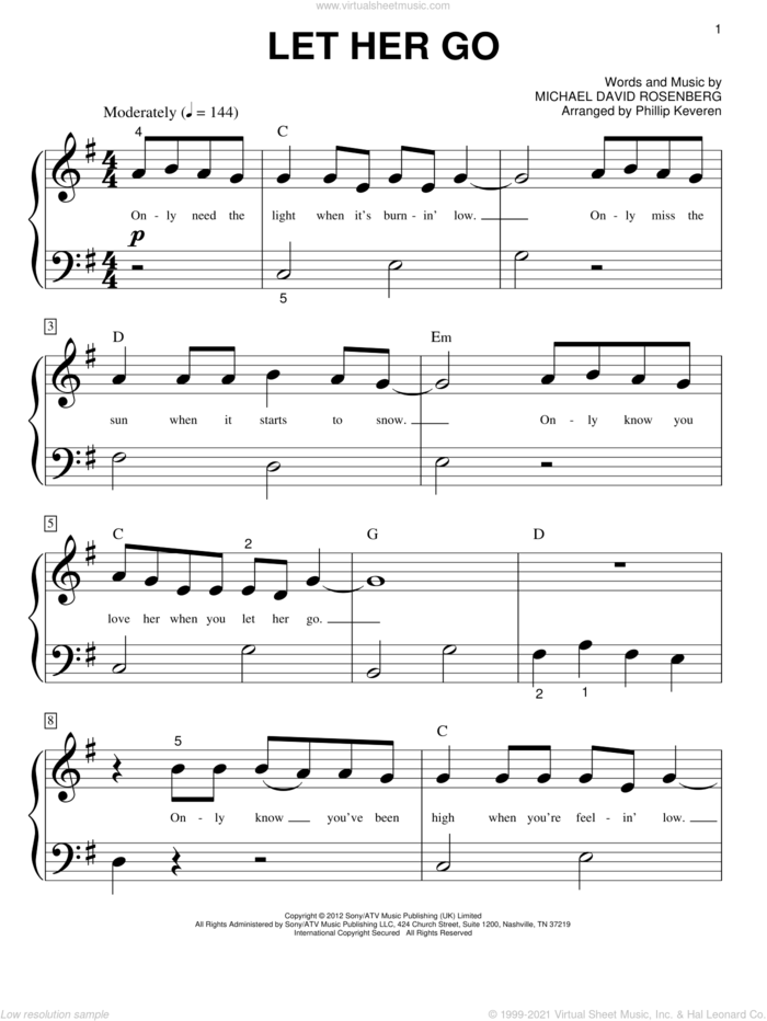 Let Her Go (arr. Phillip Keveren) sheet music for piano solo (big note book) by Phillip Keveren, Passenger and Michael David Rosenberg, easy piano (big note book)