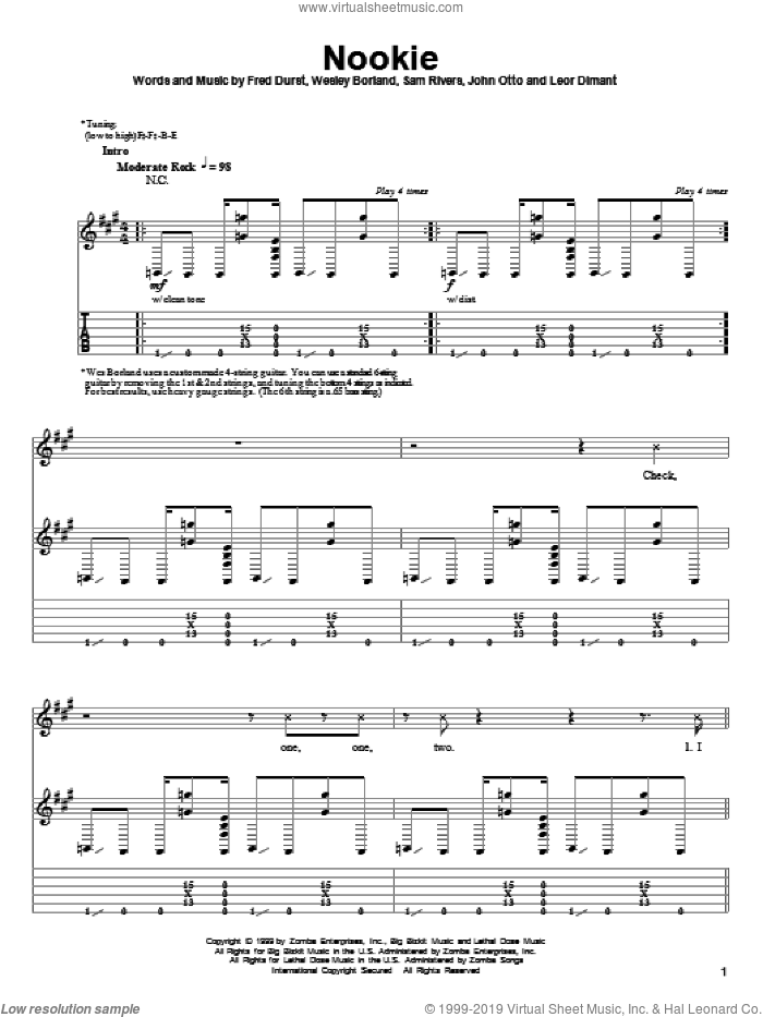 Nookie sheet music for guitar (tablature, play-along) by Limp Bizkit, Fred Durst, John Otto, Leor Dimant, Sam Rivers and Wes Borland, intermediate skill level