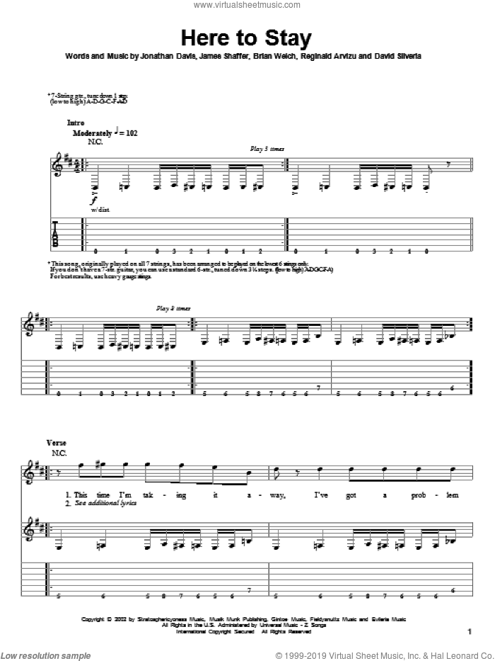 Here To Stay sheet music for guitar (tablature, play-along) by Korn, Brian Welch, David Randall Silveria, James Shaffer, Jonathan Davis and Reginald Arvizu, intermediate skill level