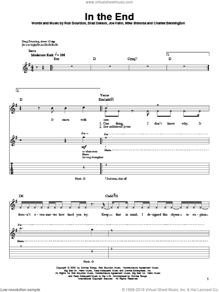 In The End sheet music for guitar (tablature, play-along) by Linkin Park, Brad Delson, Charles Bennington, Joe Hahn, Mike Shinoda and Rob Bourdon, intermediate skill level