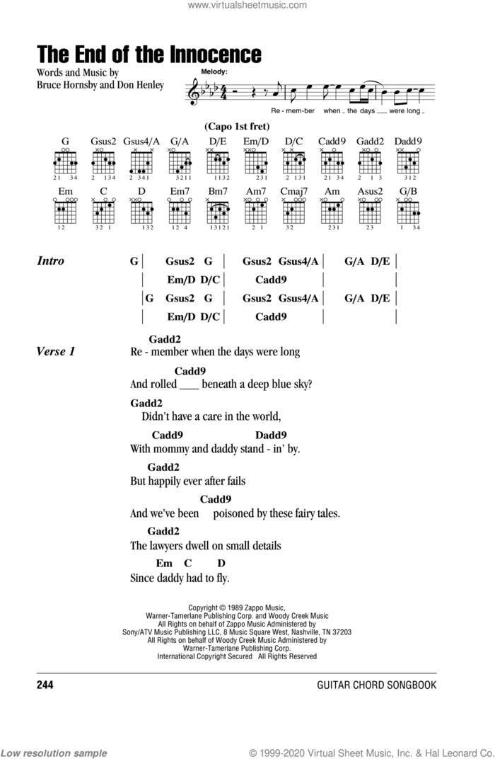 The End Of The Innocence sheet music for guitar (chords) by Don Henley and Bruce Hornsby, intermediate skill level