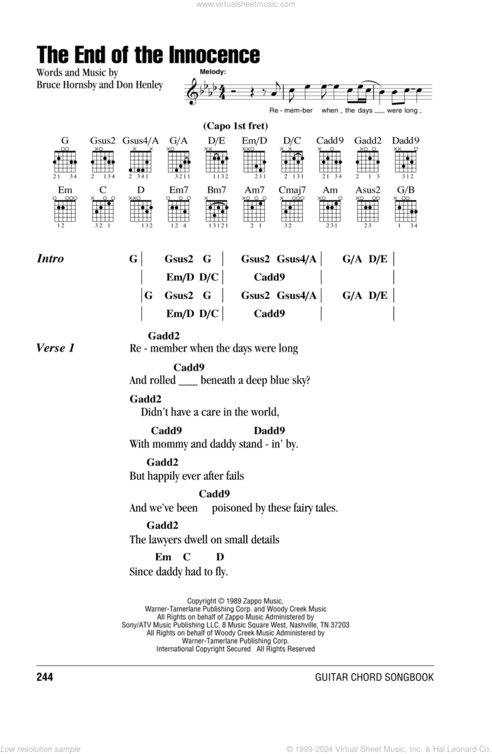 The End Of The Innocence sheet music for guitar (chords) by Don Henley and Bruce Hornsby, intermediate skill level