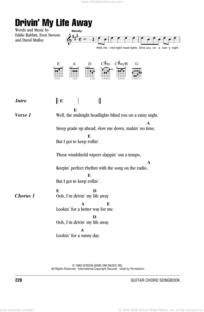 Drivin' My Life Away sheet music for guitar (chords) by Eddie Rabbitt, David Malloy and Even Stevens, intermediate skill level
