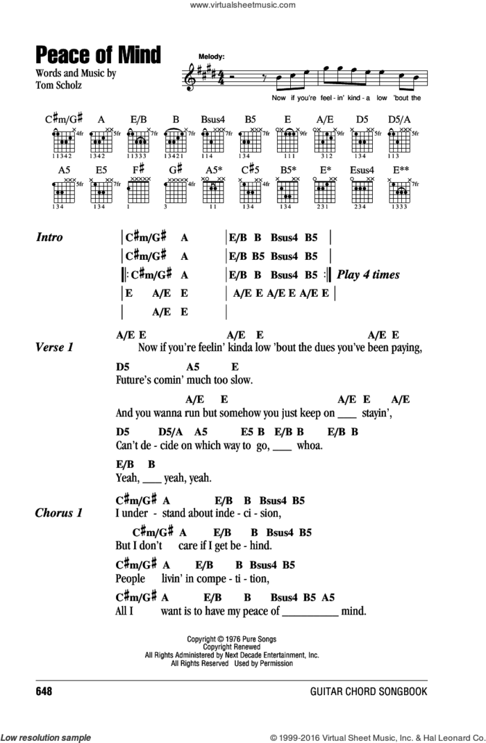 Peace Of Mind sheet music for guitar (chords) by Boston and Tom Scholz, intermediate skill level
