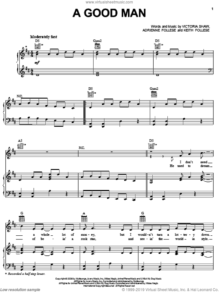 A Good Man sheet music for voice, piano or guitar by Emerson Drive, Adrienne Follese, Keith Follese and Victoria Shaw, intermediate skill level