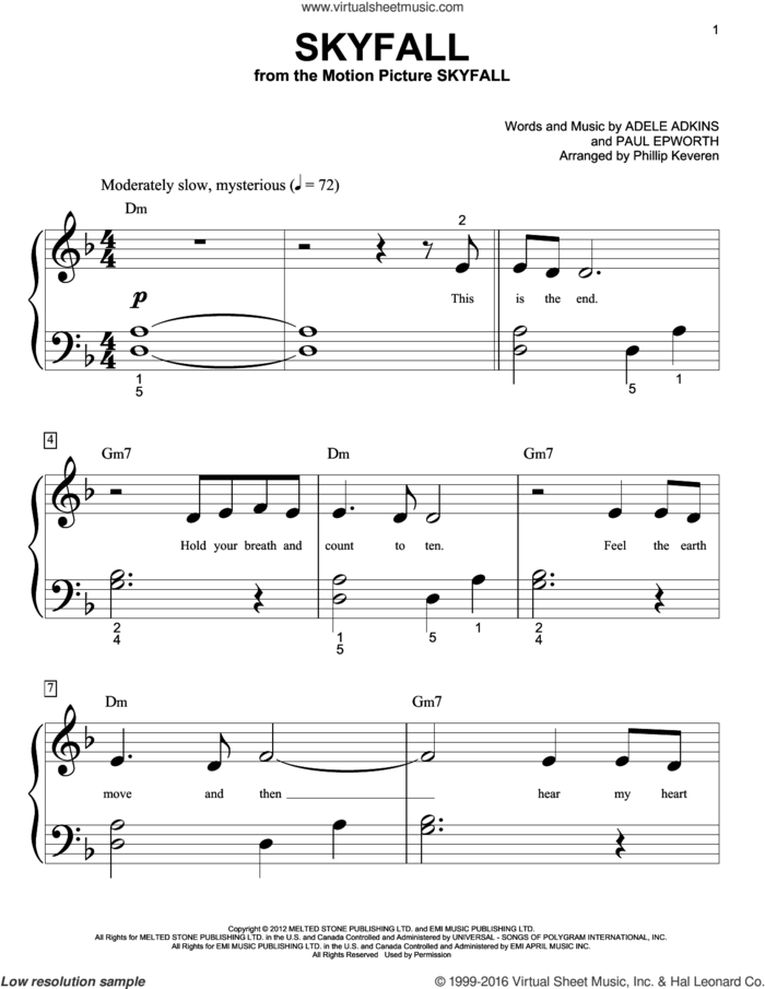 Skyfall (arr. Phillip Keveren) sheet music for piano solo (big note book) by Paul Epworth, Phillip Keveren, Adele and Adele Adkins, easy piano (big note book)