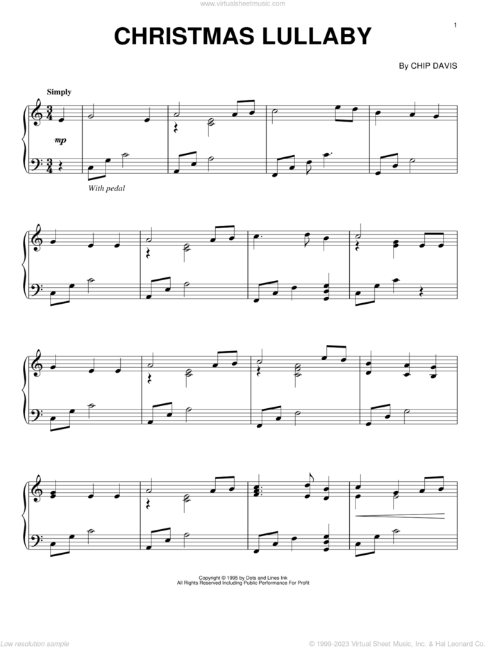 Christmas Lullaby sheet music for piano solo by Mannheim Steamroller and Chip Davis, intermediate skill level