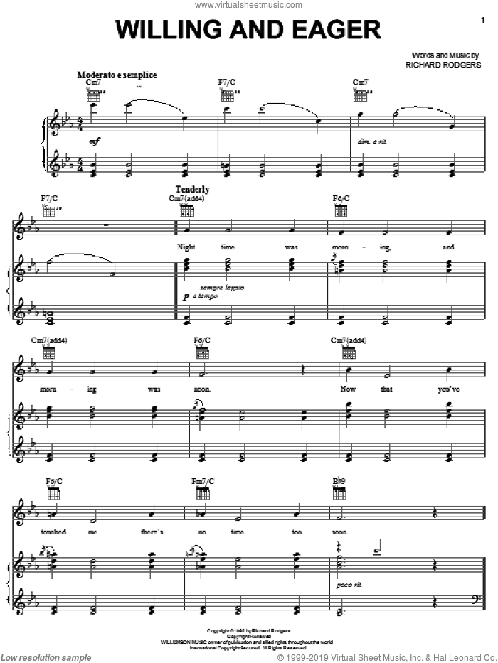 Willing And Eager sheet music for voice, piano or guitar by Rodgers & Hammerstein, Hammerstein, Rodgers & and Richard Rodgers, intermediate skill level
