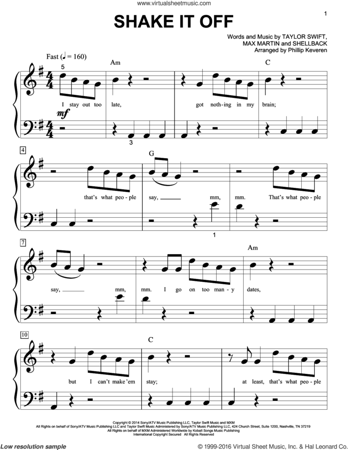 Shake It Off (arr. Phillip Keveren) sheet music for piano solo (big note book) by Taylor Swift, Phillip Keveren, Johan Schuster, Max Martin and Shellback, easy piano (big note book)