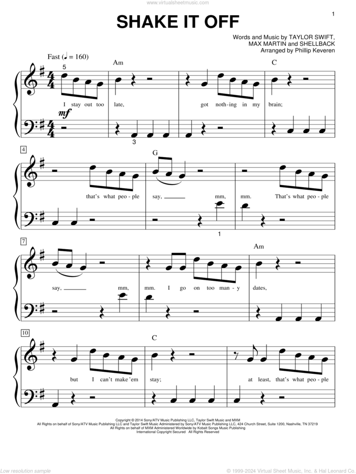 Shake It Off (arr. Phillip Keveren) sheet music for piano solo (big note book) by Taylor Swift, Phillip Keveren, Johan Schuster, Max Martin and Shellback, easy piano (big note book)