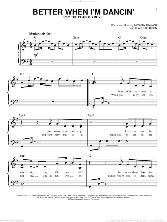 Better When I'm Dancin' sheet music for piano solo by Meghan Trainor and Thaddeus Dixon, beginner skill level