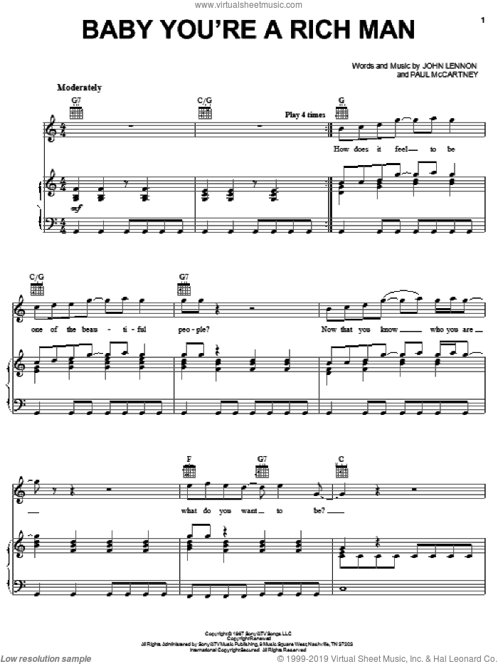 Baby You're A Rich Man sheet music for voice, piano or guitar by The Beatles, John Lennon and Paul McCartney, intermediate skill level