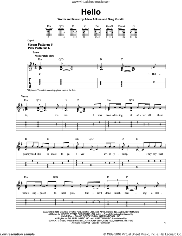 Hello sheet music for guitar solo (easy tablature) by Adele, Adele Adkins and Greg Kurstin, easy guitar (easy tablature)