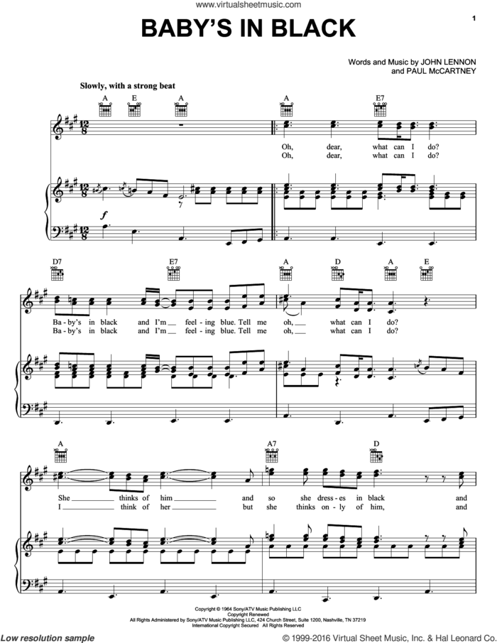 Baby's In Black sheet music for voice, piano or guitar by The Beatles, John Lennon and Paul McCartney, intermediate skill level