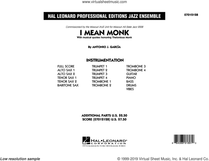 I Mean Monk (COMPLETE) sheet music for jazz band by Thelonious Monk, Antonio J. Garcia, Antonio J. Garcia and Antonio Garcia, intermediate skill level