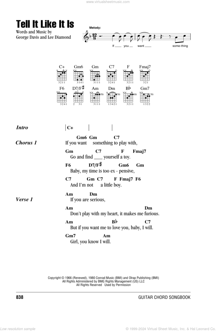 Tell It Like It Is sheet music for guitar (chords) by George Davis, Aaron Neville, Heart and Lee Diamond, intermediate skill level