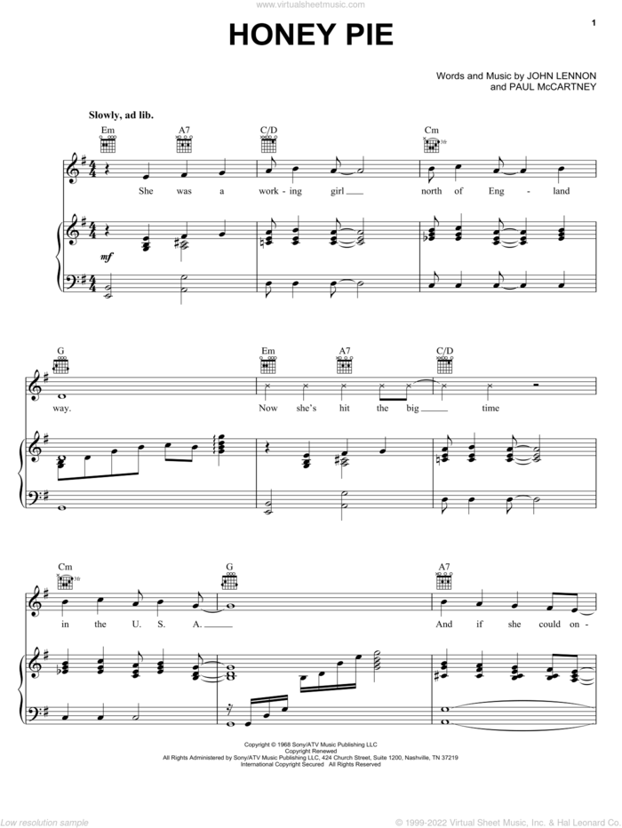 Honey Pie sheet music for voice, piano or guitar by The Beatles, John Lennon and Paul McCartney, intermediate skill level
