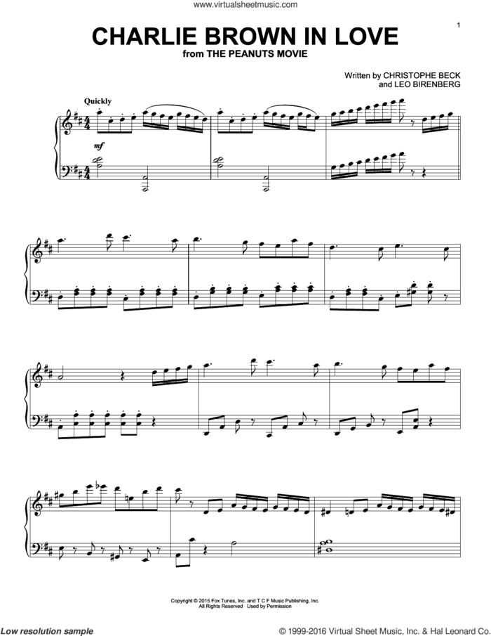 Charlie Brown In Love sheet music for piano solo by Christophe Beck and Leo Birenberg, intermediate skill level