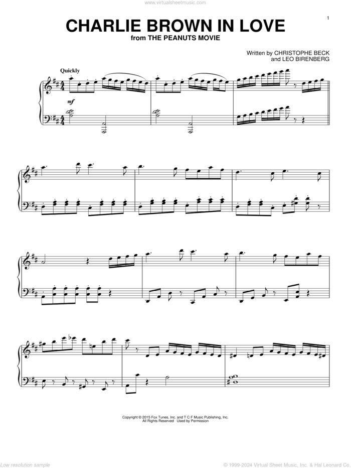 Charlie Brown In Love sheet music for piano solo by Christophe Beck and Leo Birenberg, intermediate skill level