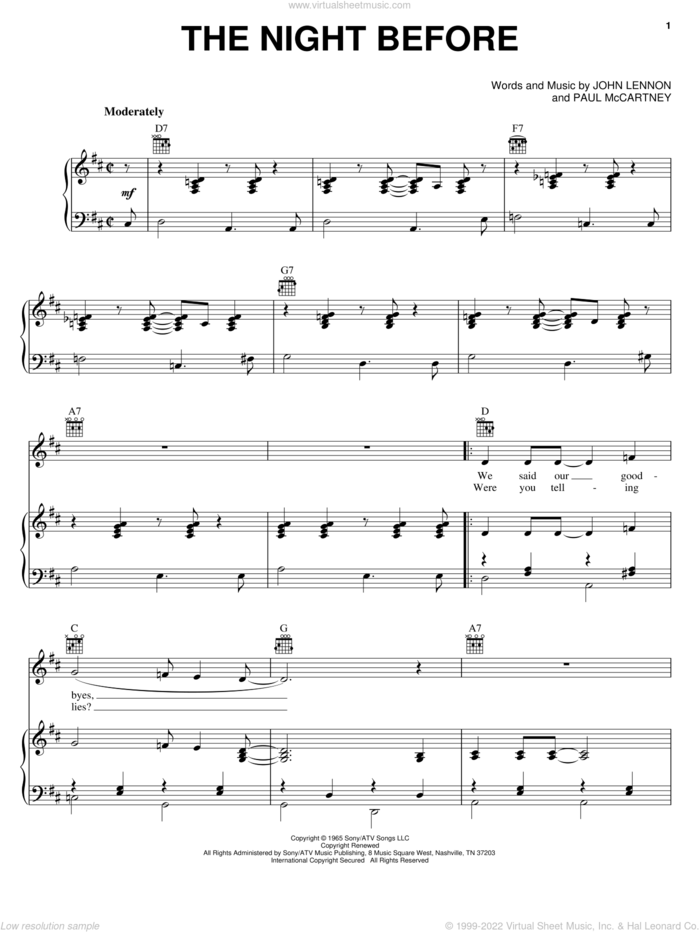 The Night Before sheet music for voice, piano or guitar by The Beatles, John Lennon and Paul McCartney, intermediate skill level