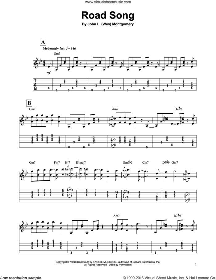 Road Song sheet music for guitar (tablature, play-along) by Wes Montgomery, intermediate skill level