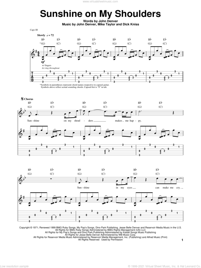 Sunshine On My Shoulders sheet music for guitar (tablature, play-along) by John Denver, Dick Kniss and Mike Taylor, intermediate skill level