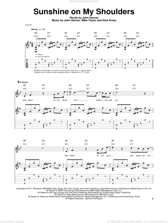 Sunshine On My Shoulders sheet music for guitar (tablature, play-along) by John Denver, Dick Kniss and Mike Taylor, intermediate skill level