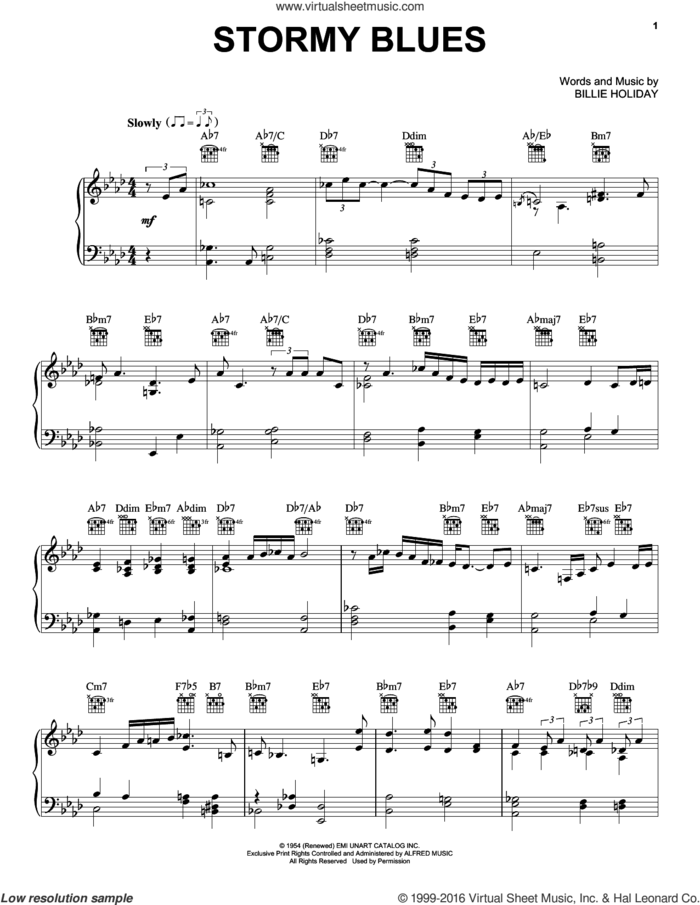 Stormy Blues sheet music for voice, piano or guitar by Billie Holiday, intermediate skill level