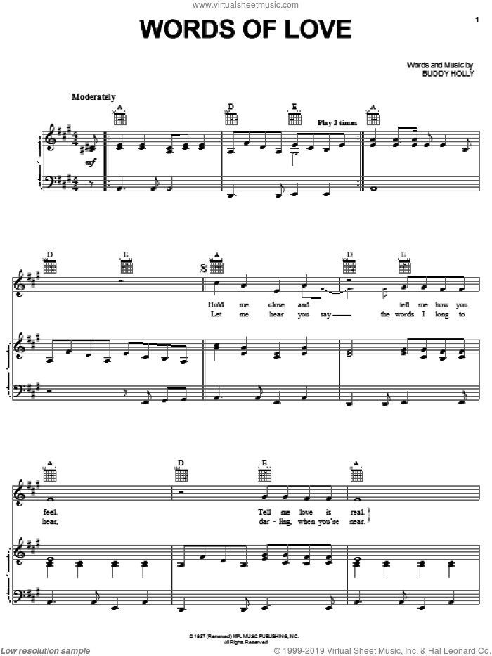 Words Of Love sheet music for voice, piano or guitar by The Beatles and Buddy Holly, intermediate skill level