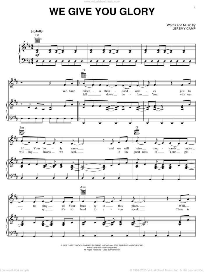 We Give You Glory sheet music for voice, piano or guitar by Jeremy Camp, intermediate skill level