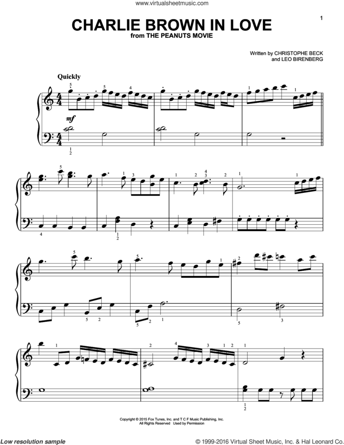 Charlie Brown In Love sheet music for piano solo by Christophe Beck and Leo Birenberg, easy skill level