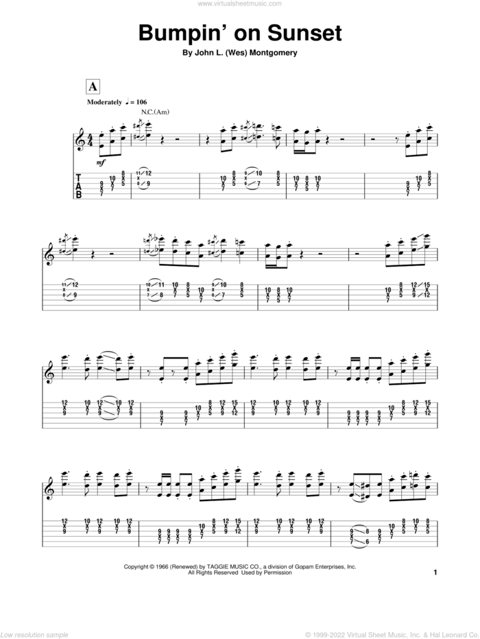 Bumpin' On Sunset sheet music for guitar (tablature, play-along) by Wes Montgomery, intermediate skill level