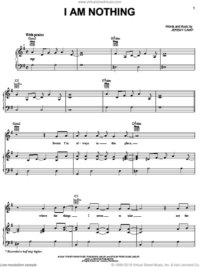 I Am Nothing sheet music for voice, piano or guitar by Jeremy Camp, intermediate skill level