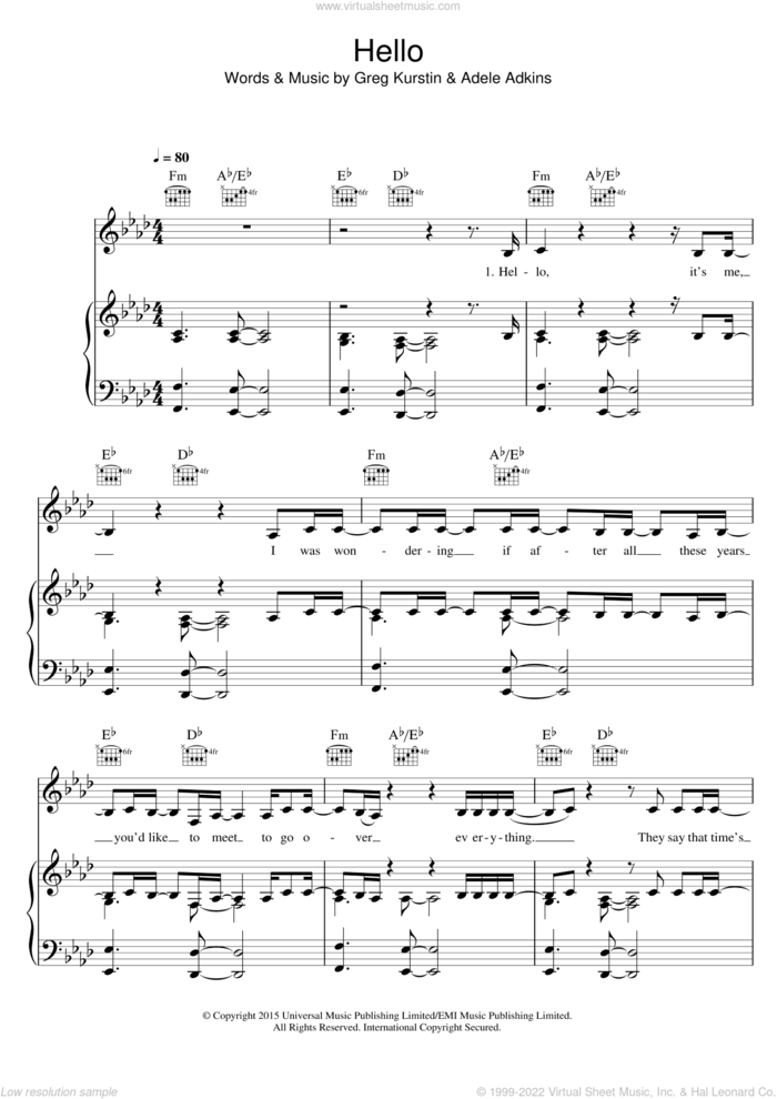 Hello sheet music for voice, piano or guitar by Adele, Adele Adkins and Greg Kurstin, intermediate skill level