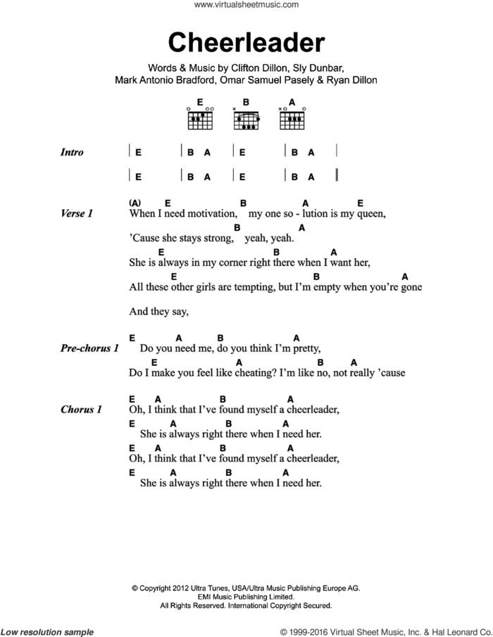 Cheerleader sheet music for guitar (chords) by Omi, Clifton Dillon, Mark Antonio Bradford, Omar Samuel Pasely, Ryan Dillon and Sly Dunbar, intermediate skill level