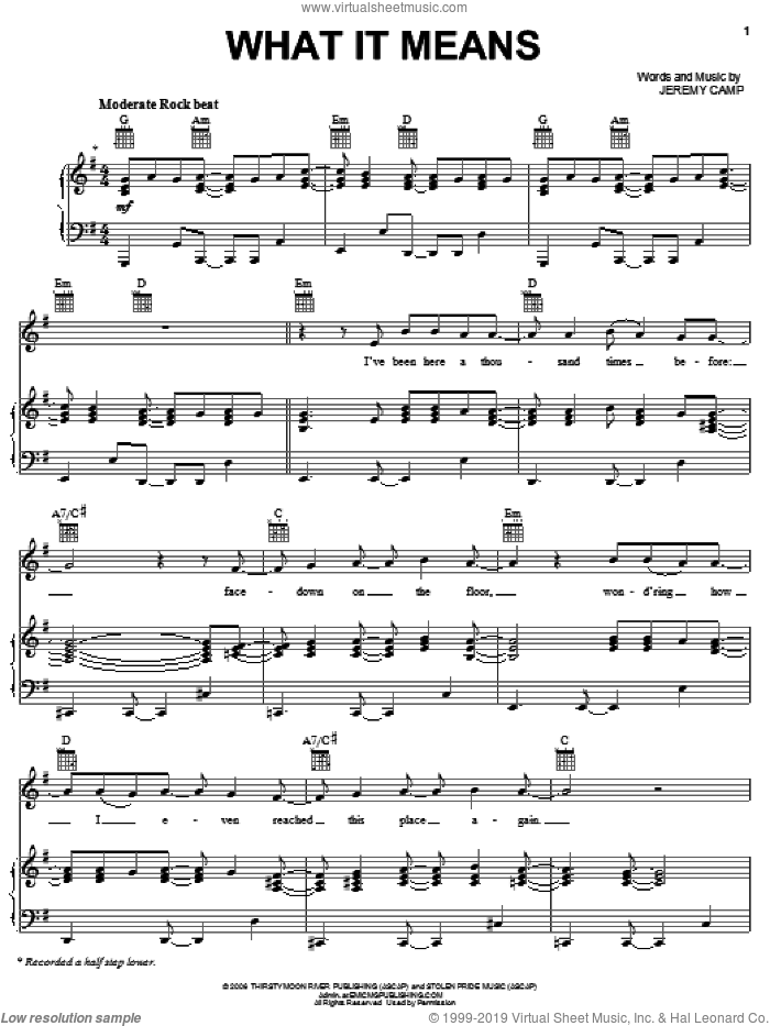 What It Means sheet music for voice, piano or guitar by Jeremy Camp, intermediate skill level