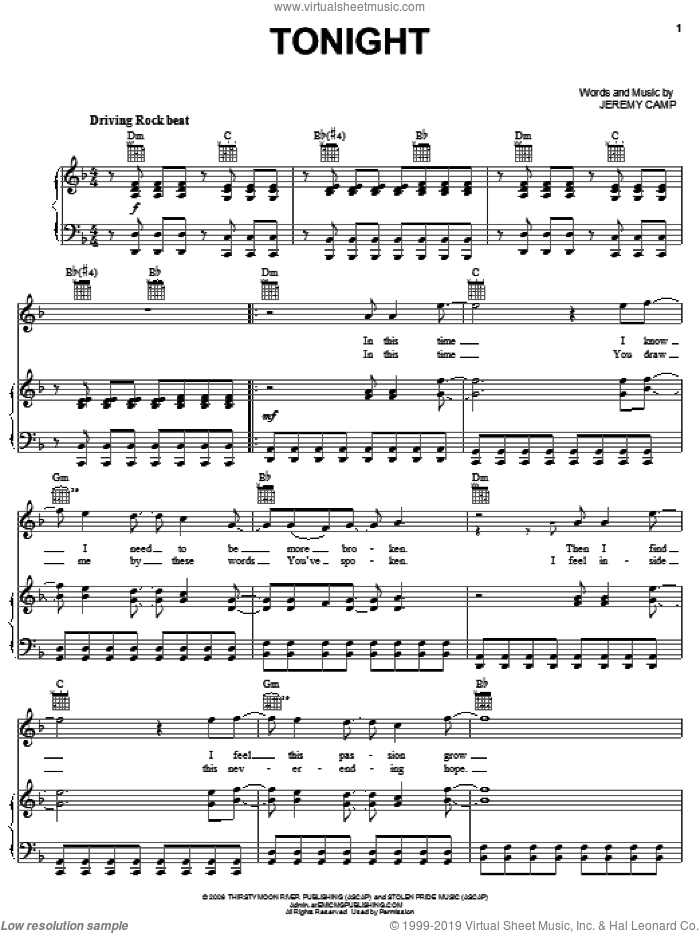 Tonight sheet music for voice, piano or guitar by Jeremy Camp, intermediate skill level