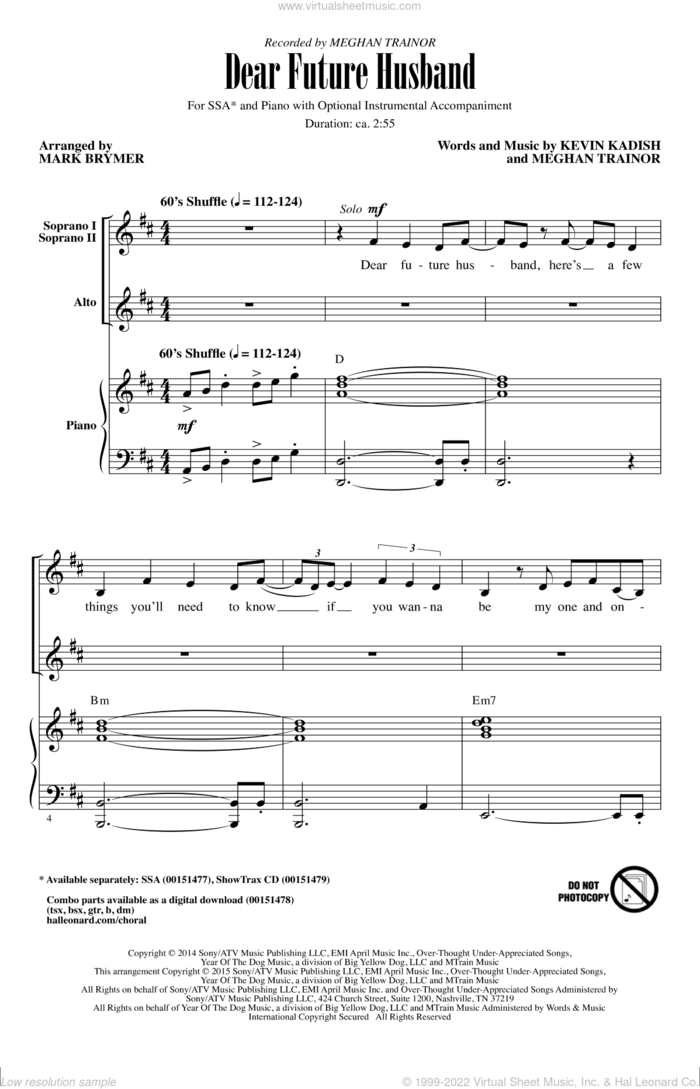Dear Future Husband sheet music for choir (SSA: soprano, alto) by Meghan Trainor, Mark Brymer and Kevin Kadish, intermediate skill level