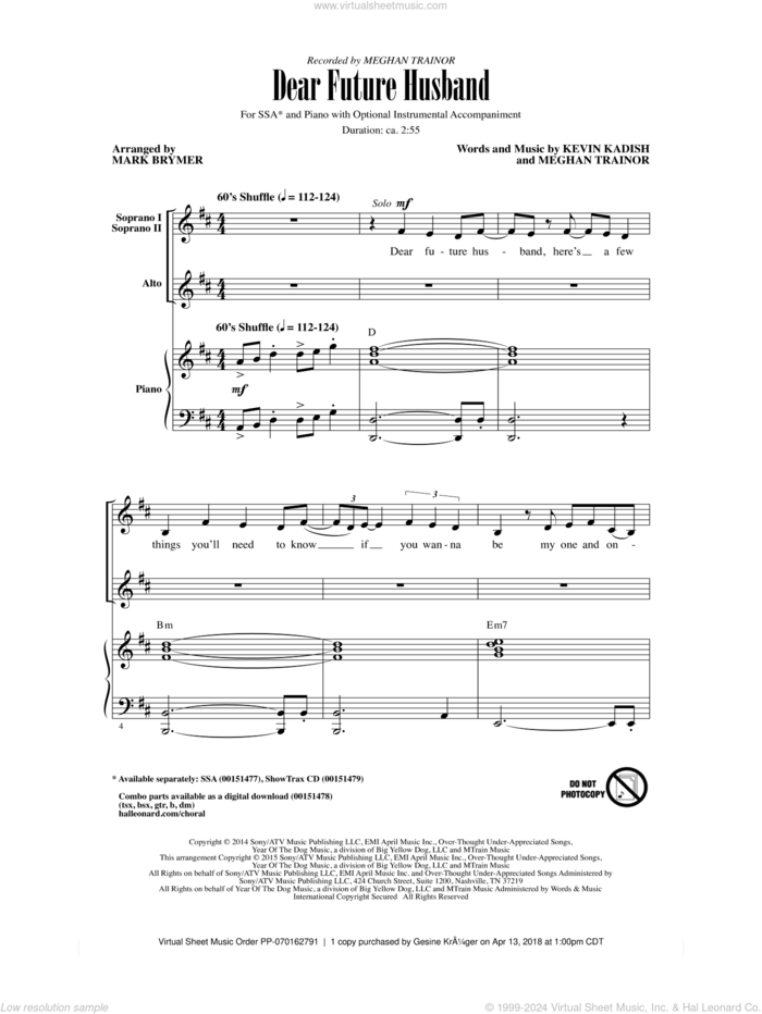 Dear Future Husband sheet music for choir (SSA: soprano, alto) by Meghan Trainor, Mark Brymer and Kevin Kadish, intermediate skill level