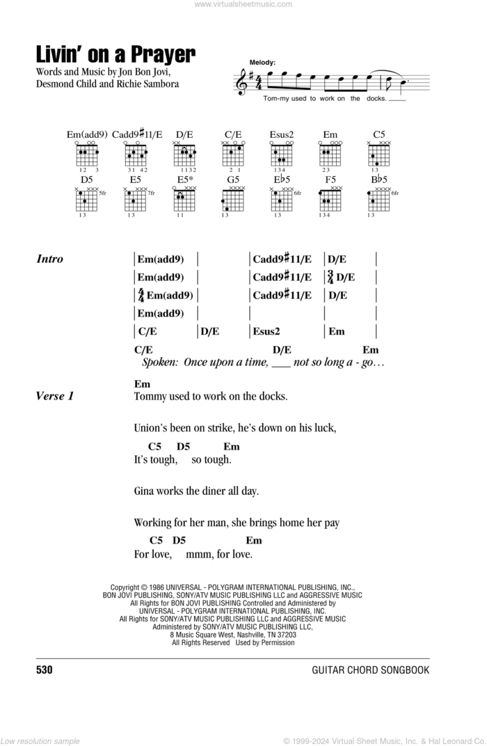 Livin' On A Prayer sheet music for guitar (chords) by Bon Jovi, Desmond Child and RICHIE SAMBORA, intermediate skill level